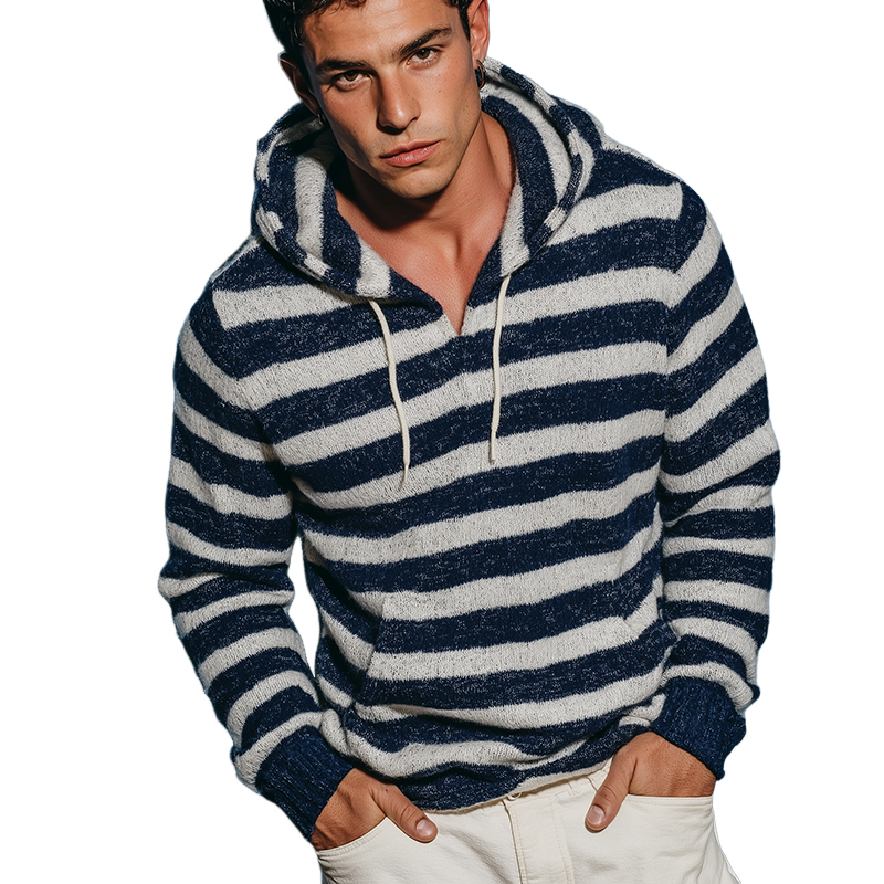 Men's Retro Casual Knit Striped Hooded Sweater MTA0946L4TO