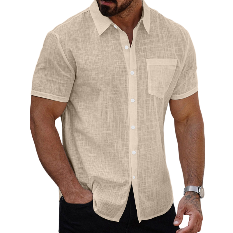 Men's Cotton And Linen Solid Color Lapel Short-sleeved Shirt MTA1439G3X