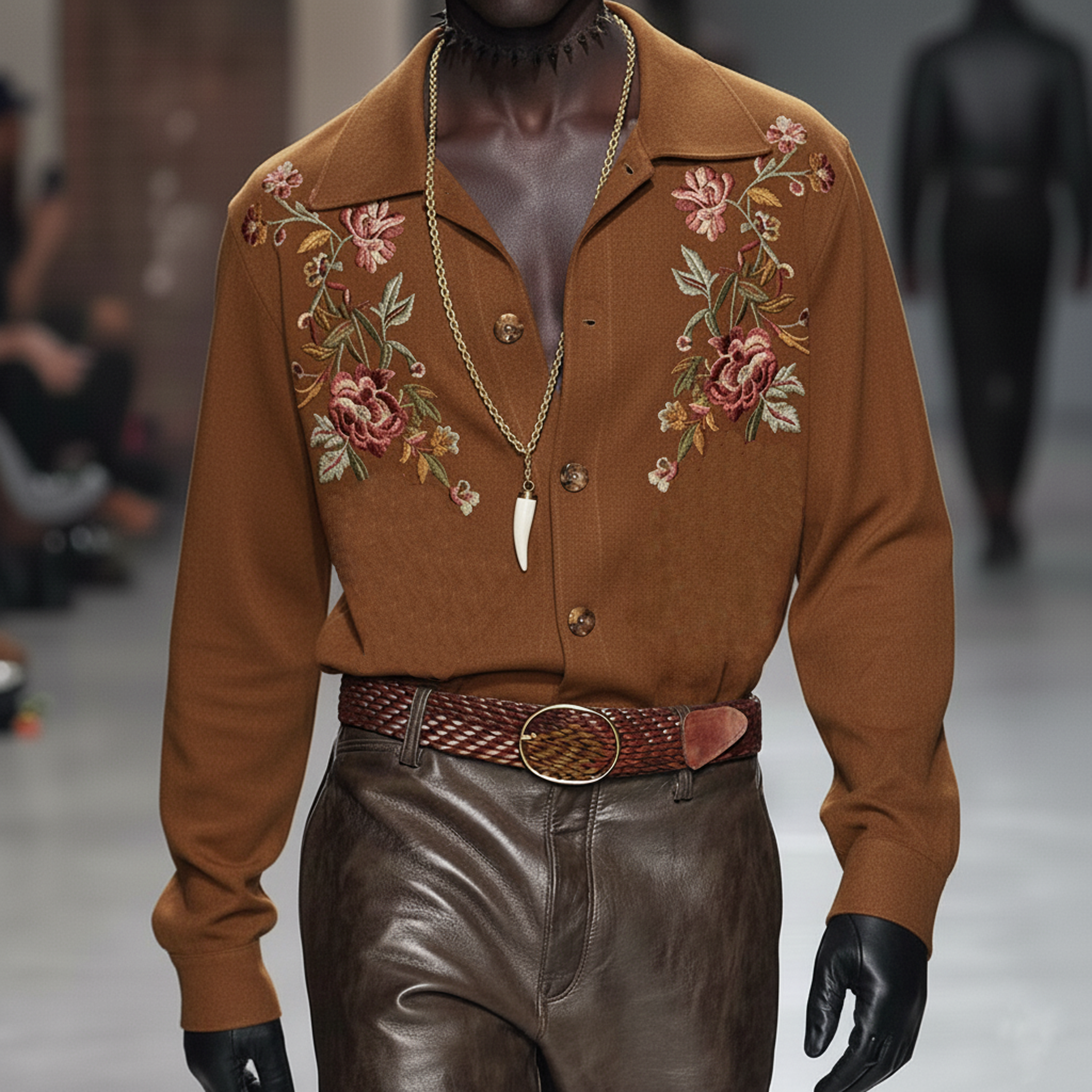 Men's Personalized And Stylish Embroidered Faux Suede Long-sleeved Shirt MTA0970L7K