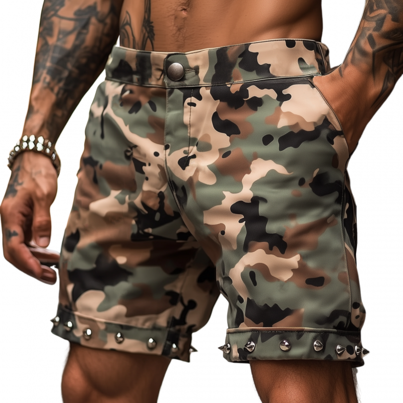 Men's Casual Punk Camouflage Cotton Hem Rivet Decoration Straight Denim Shorts MTA0970F2M