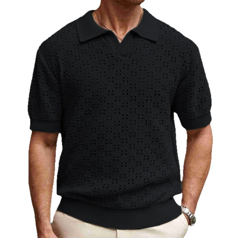 Men's Solid Color Knitted Texture Short Sleeve POLO Shirt MTA0631E0X