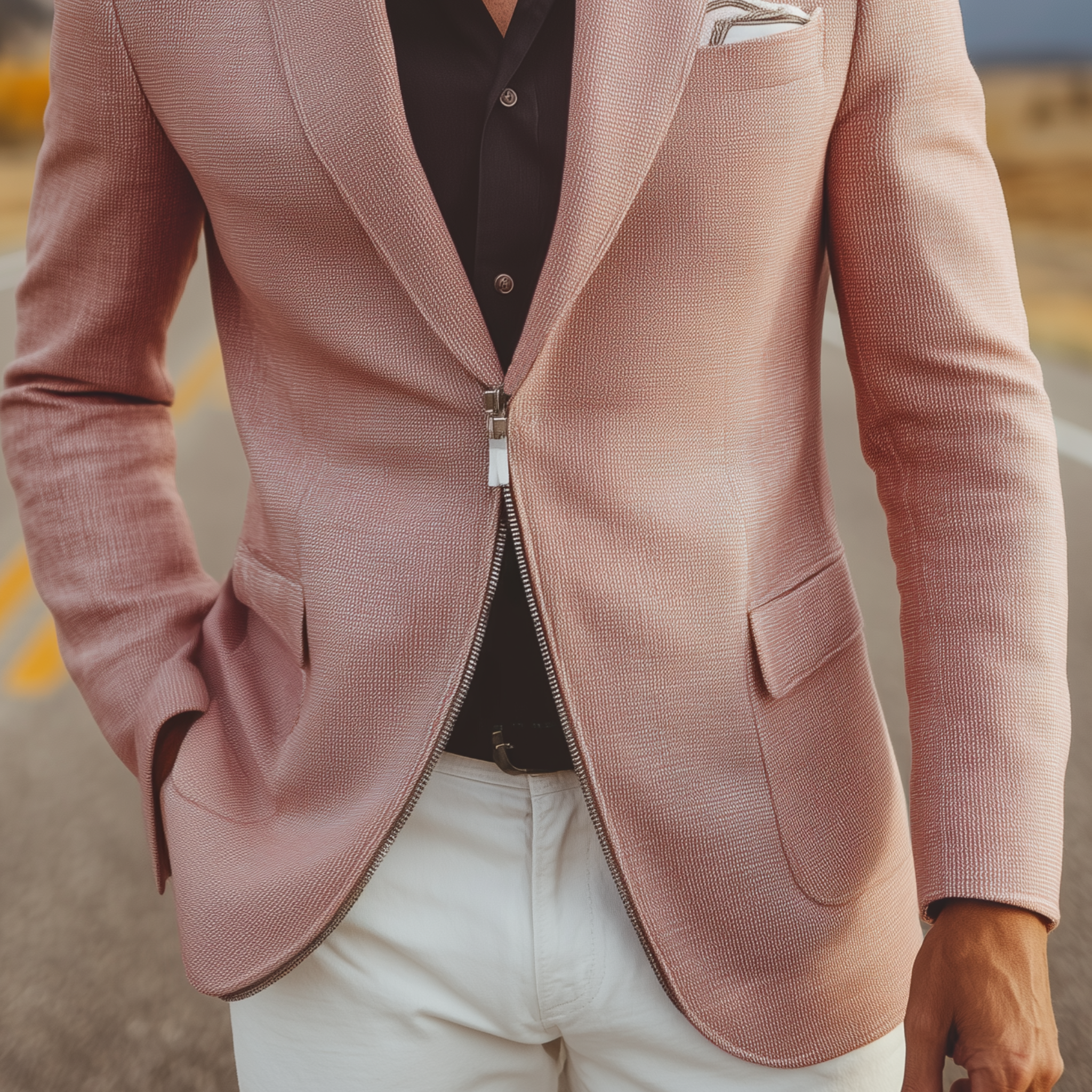 Men's Classic Casual Cotton Blend Textured Fabric Zipper Placket Slim Fit Blazer MTA2651H8K