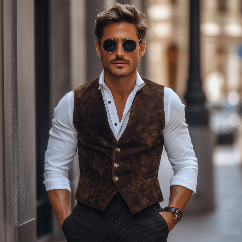 Men's Vintage Elegant Faux Suede V-Neck Single-Breasted Slim Fit Suit Vest MTA2445G5M