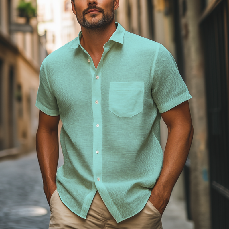 Men's Summer Classic Solid Color Textured Short-sleeved Shirt MTA0100G7U