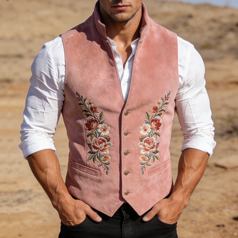 Men's Retro Casual Faux Suede Embroidered Stand Collar Vest MTZ1262A9TO
