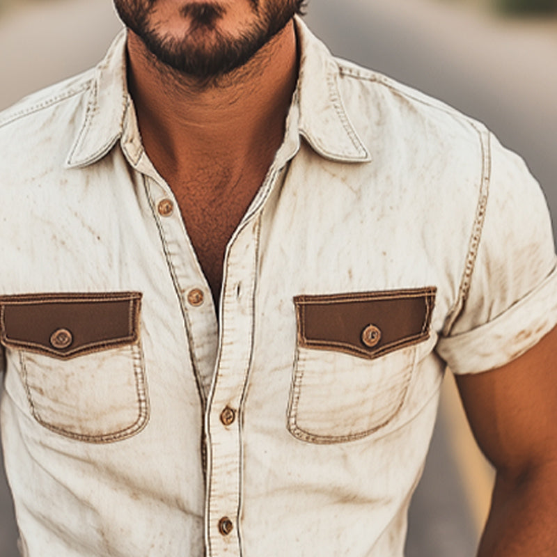 Men's Western Cowboy Style Retro Color Block Short Sleeve Shirt MTA1342E0U