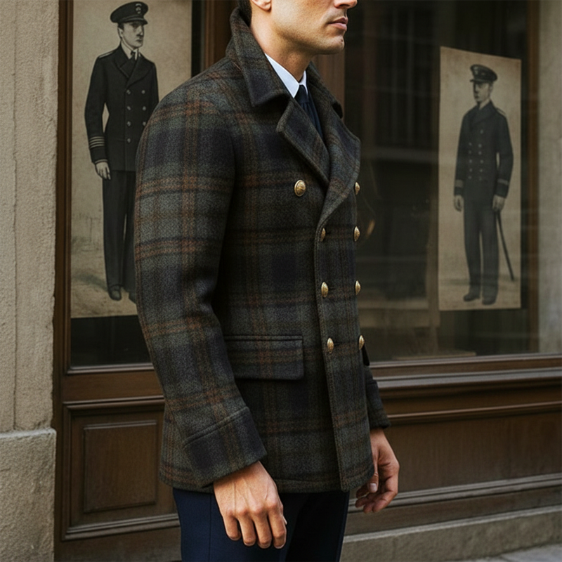 Men's Vintage Plaid Double-Breasted Faux Woolen Jacket MTA1378J9U