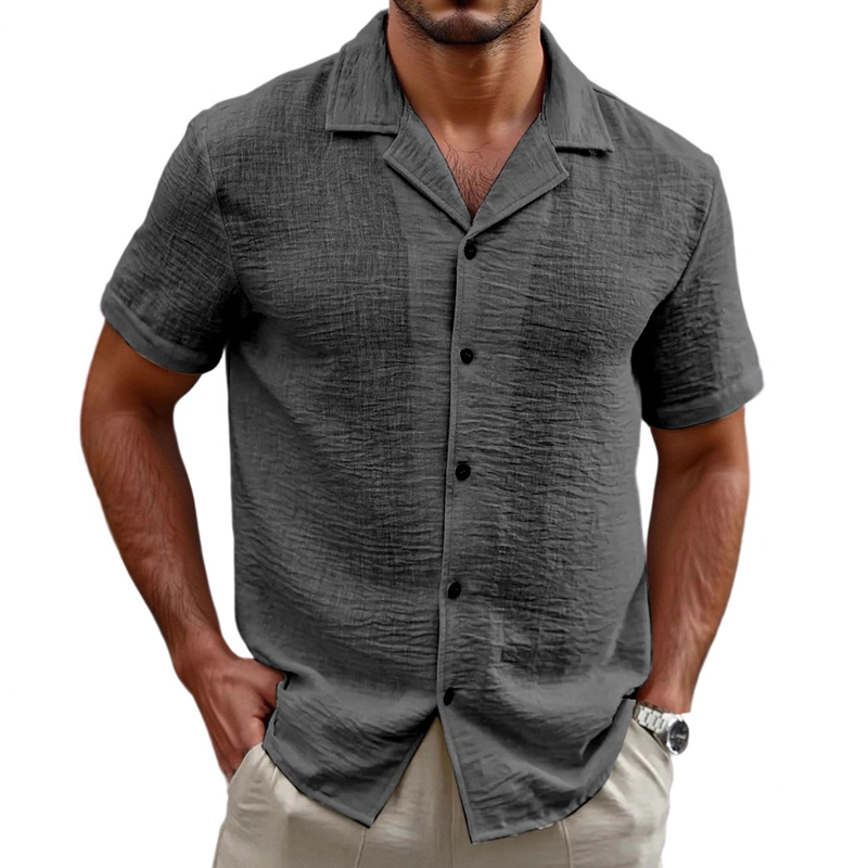 Men's Holiday Casual Cotton And Linen Solid Color Short-sleeved Shirt MTA1635G4X