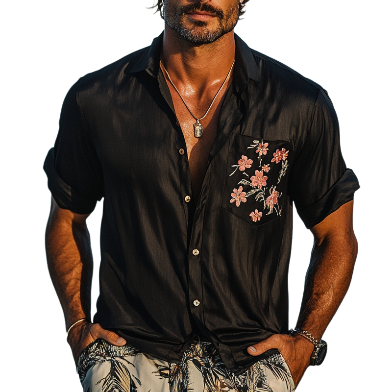 Men's Vacation Pocket Print Lapel Short Sleeve Shirt MTA1319F1X