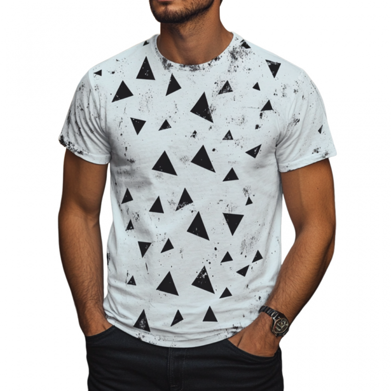 Men's Casual Distressed Triangle Print Round Neck Slim Fit Short Sleeve T-shirt MTA1575E7M