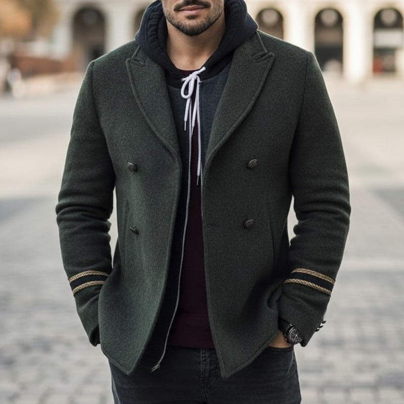 Men's Classic Army Green Double-breasted Short Coat MTA2423I6U