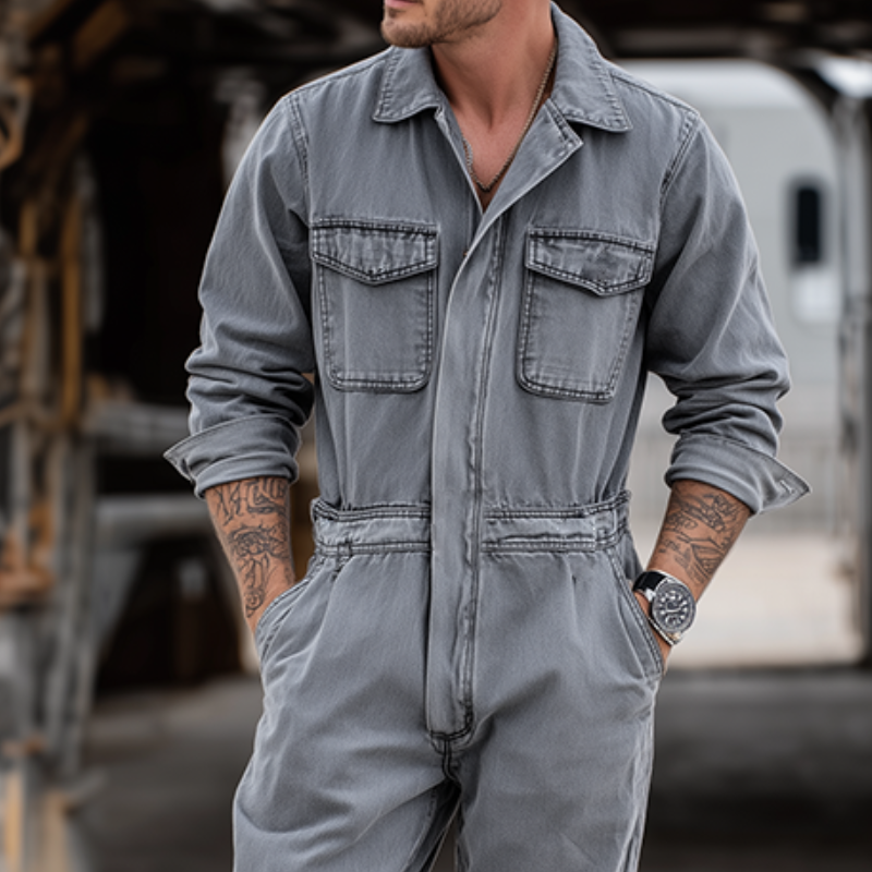 Men's Retro Casual Denim Washed Lapel Long Sleeve Shirt Jumpsuit MTA0436H3TO