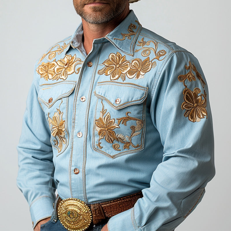 Men's Summer Western Cowboy Style Thin Denim Embroidered Long-Sleeved Shirt MTA2847D4P