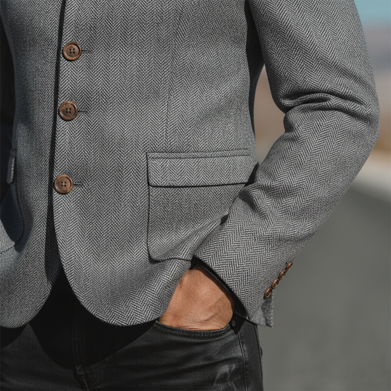 Men's Winter Fashionable Herringbone Faux Wool Stand Collar Jacket MTA2471I5P