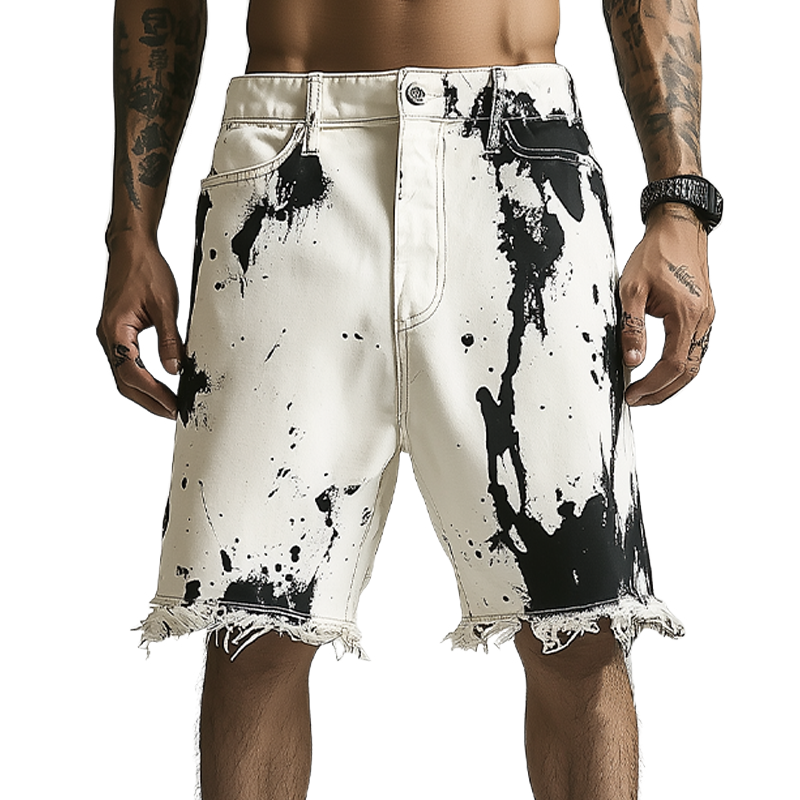 Men's Spring And Summer Fashion Casual Personality Washed Denim Ink-splashed Hem Shorts MTA2336F1K
