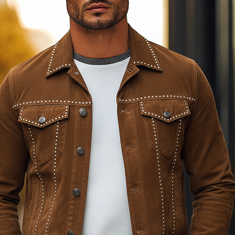 Men's Vintage Studded Faux Suede Lapel Jacket MTA1488J5X