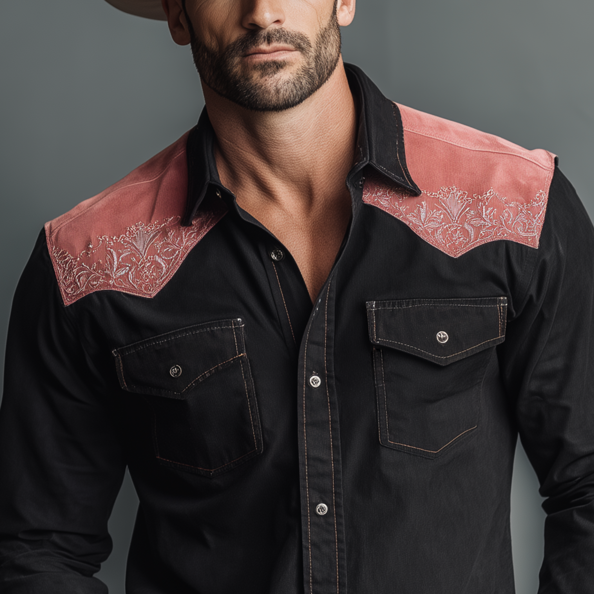 Men's Classic Retro Western Style Shoulder Pink Suede Embroidery Patchwork Cotton Blend Long Sleeve Shirt MTA2239H3K