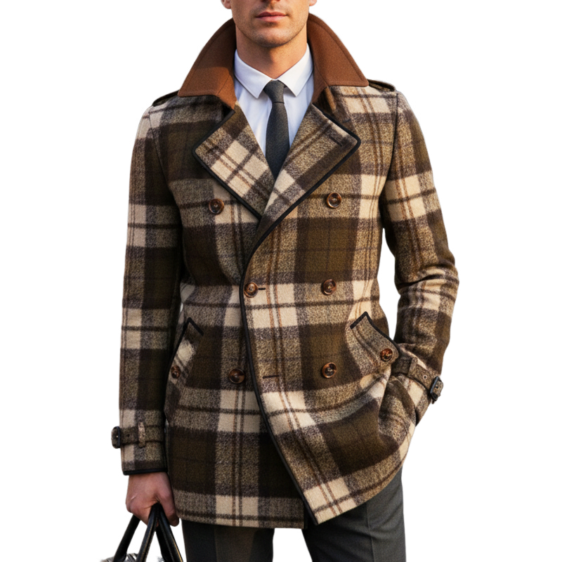 Men's Classic Plaid Colorblock Collar Double-Breasted Short Coat MTA2591I2U