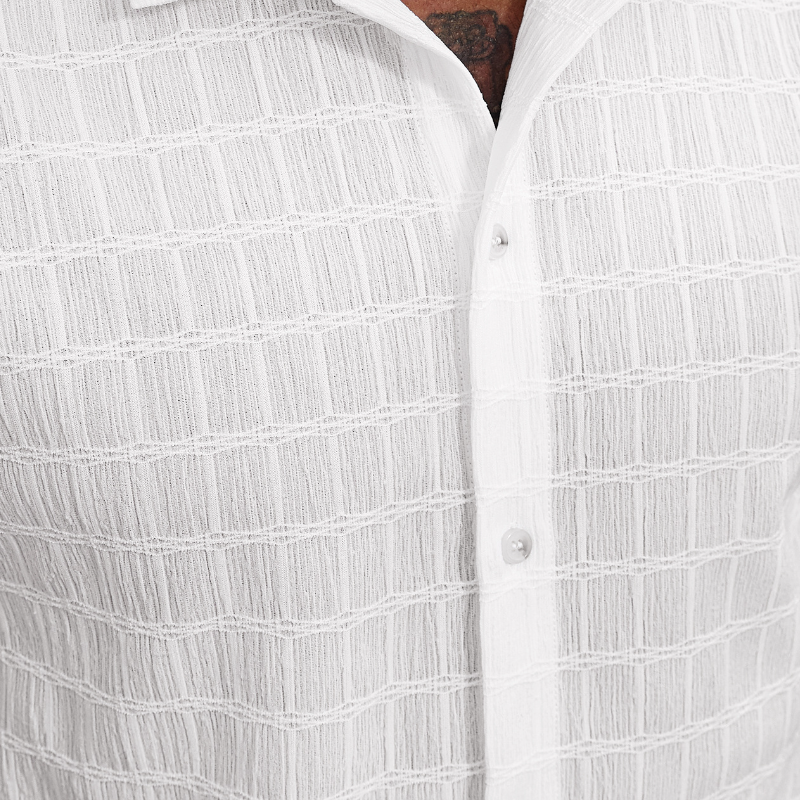 Men's Casual Lace Pleated Texture Lapel Slim Short Sleeve Shirt MTA2669E2M