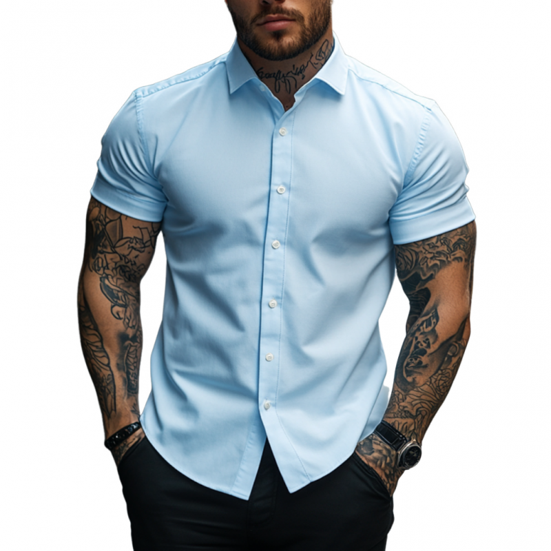 Men's Casual Soft Breathable Cotton Lapel Slim Fit Short Sleeve Shirt MTA2758E1M