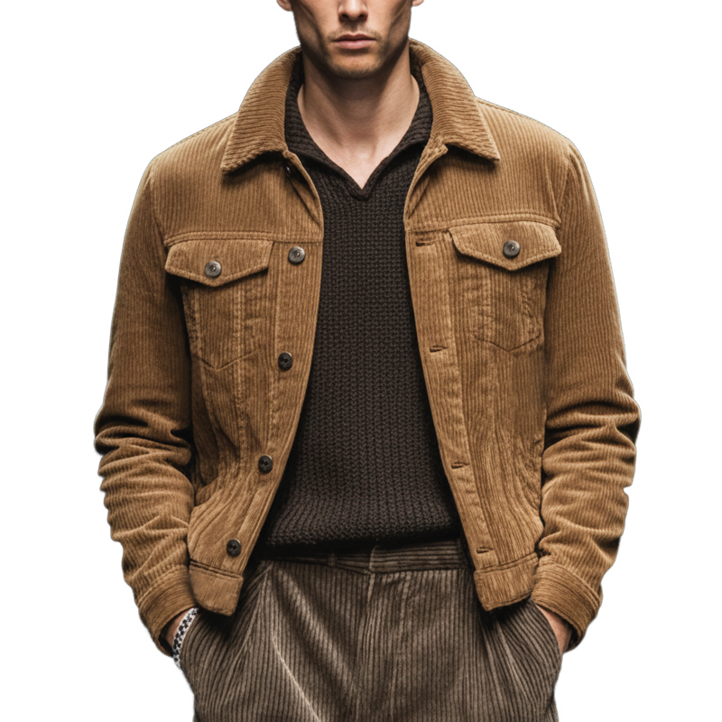 Men's Classic Camel Brown Corduroy Button-Up Jacket MTA0638K0U