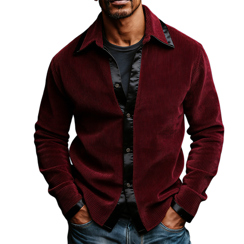 Men's Retro Casual Corduroy Satin Patchwork Lapel Long-Sleeve Shirt MTA1913L4TO