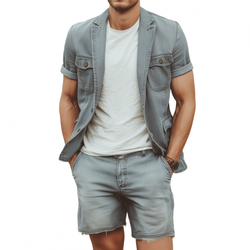 Men's Casual Outdoor Denim Washed Distressed Notched Lapel Multi-pocket Short-sleeved Jacket Raw Edge Shorts Set MTA1842F1M