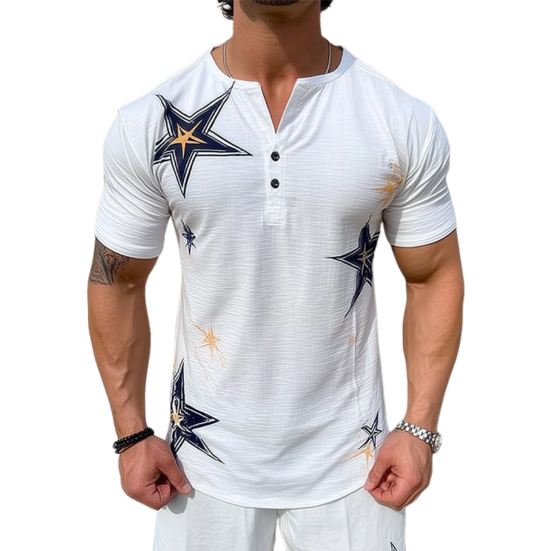 Men's Star Print Henley Neck Short Sleeve T-Shirt MTA0763G3X