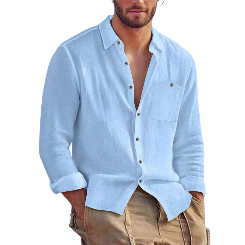 Men's Casual Solid Color Cotton And Linen Long-sleeved Lapel Shirt MTA1391H5X