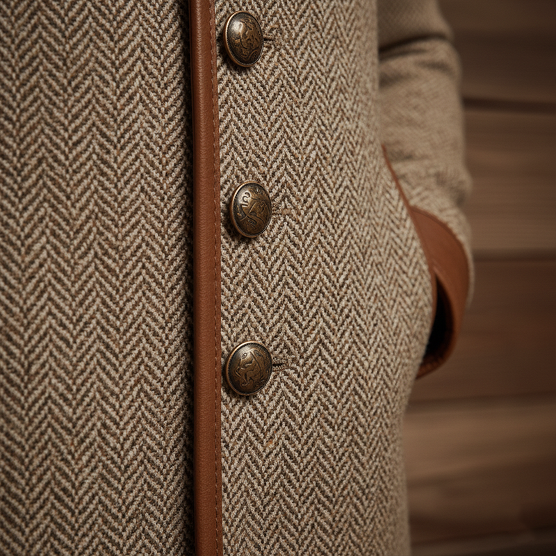 Men's Winter Fashion PU Patch Herringbone Faux Wool Mid-Length Coat MTA1503J9P