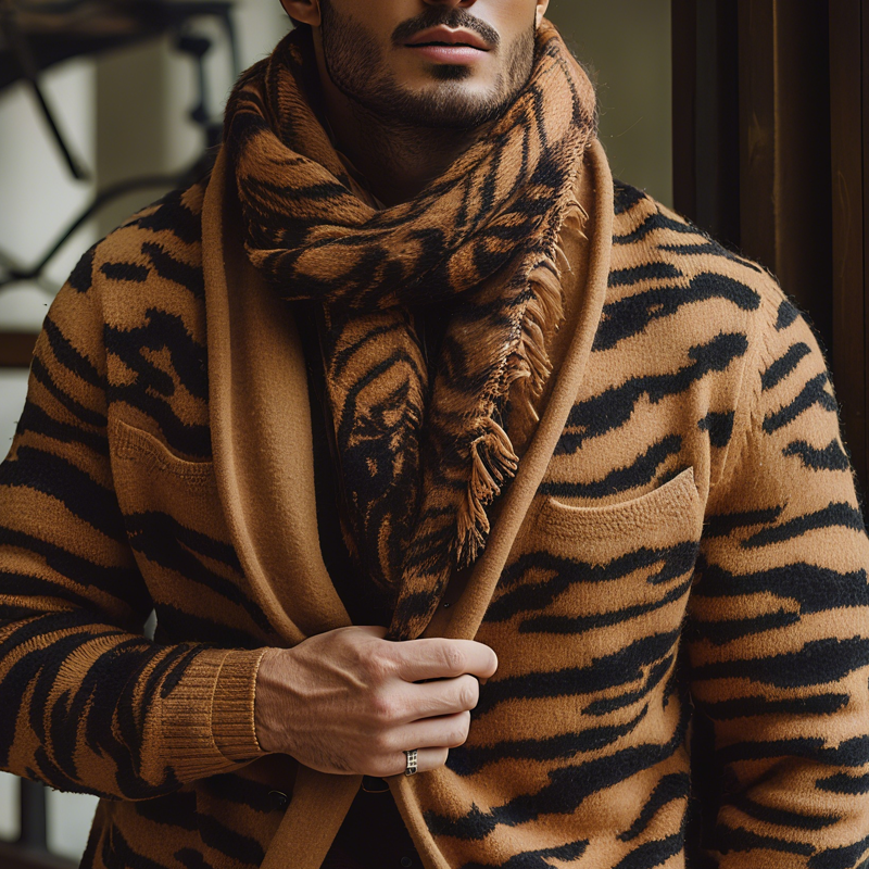 Men's Tiger Pattern Knitted Lapel Single Breasted Cardigan MTA1451H6Z