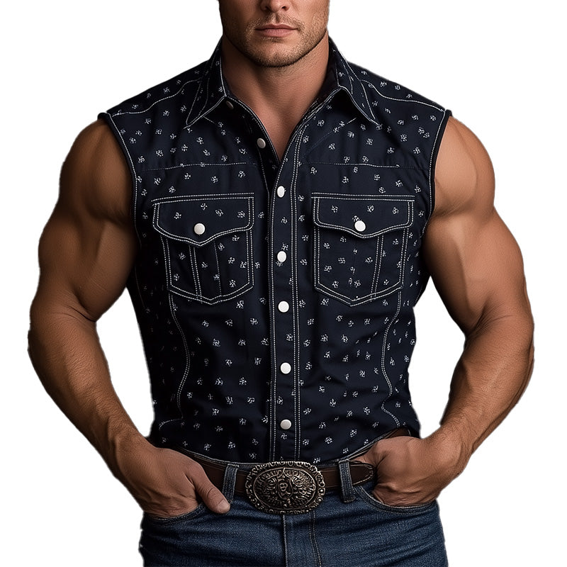 Men's Summer Western Denim Printed Cotton Blended Sleeveless Shirt MTA1442E3P