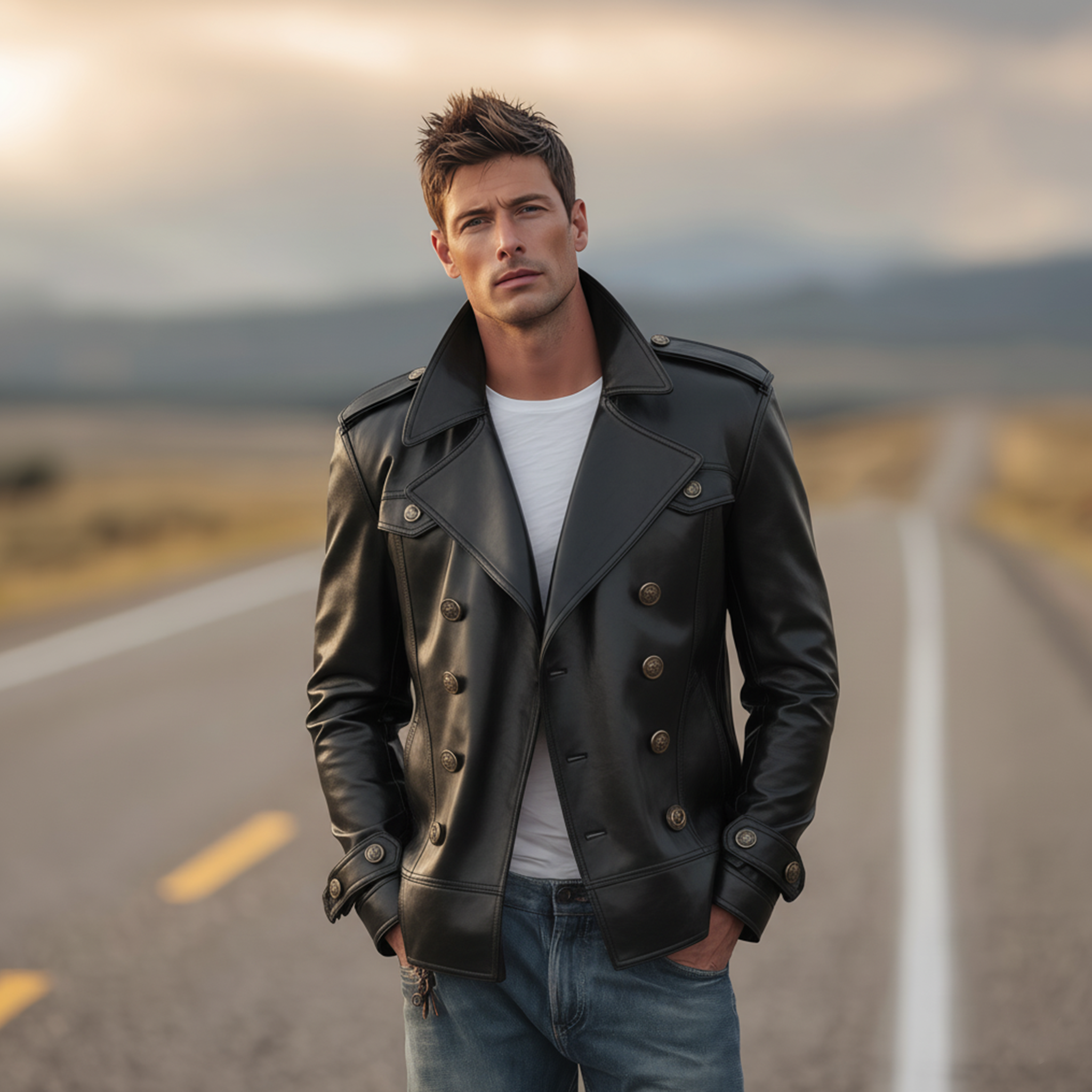 Men's Classic Casual Lapel Double-breasted PU Leather Jacket MTA1587J1K