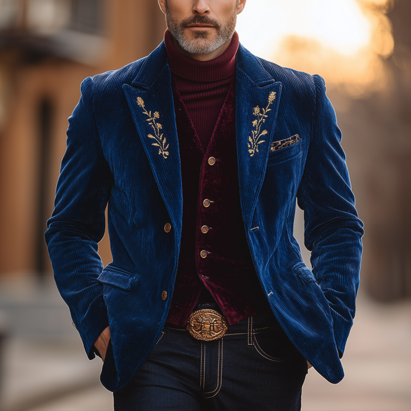 Men's Retro Minimalist Embroidered Glossy Corduroy Button Suit Jacket MTA2143K0P