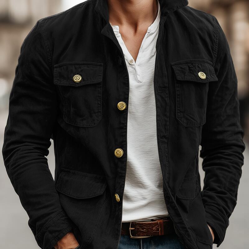 Men's Casual Outdoor Solid Color Cotton Lapel Single-breasted Multi-pocket Cargo Jacket MTA2545H2M