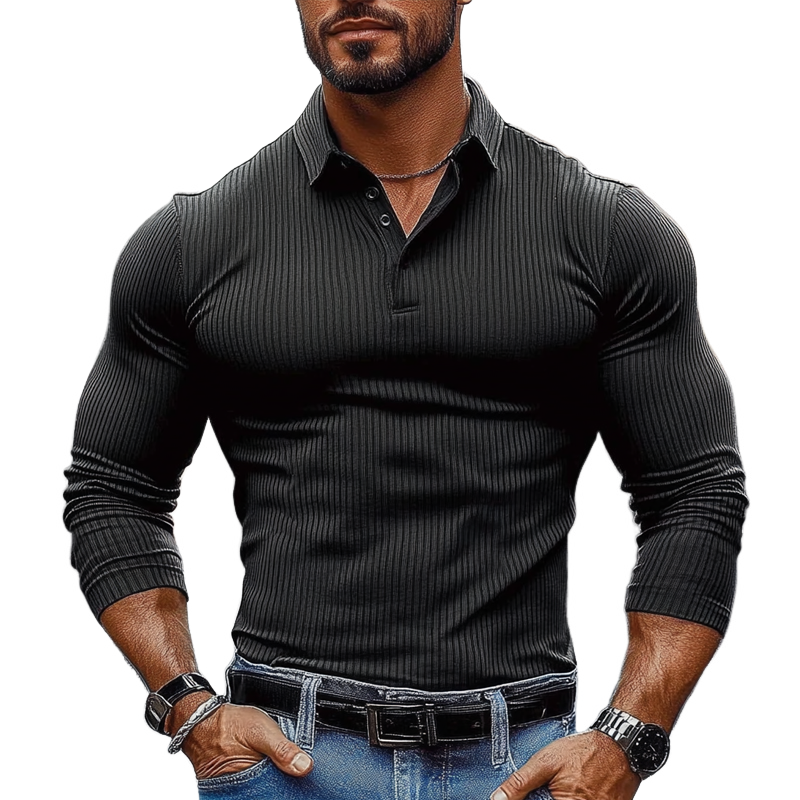 Men's Striped Textured Basic Elastic Long-sleeved POLO Shirt MTA1139J2