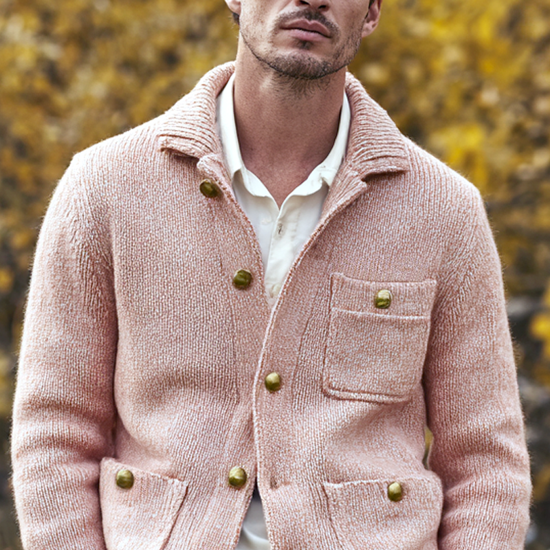 Men's Solid Knit Lapel Multi-pocket Single Breasted Jacket Cardigan MTA0386I5Z