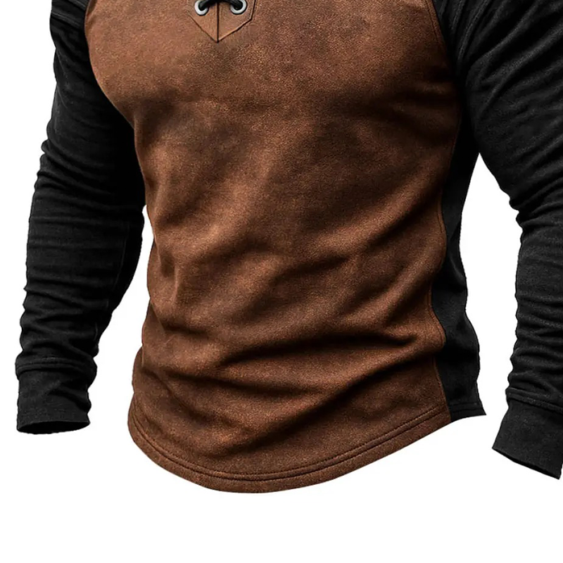 Men's Color Block Suede Stand Collar Tie-Neck Long-Sleeve T-Shirt MTA2298K9X
