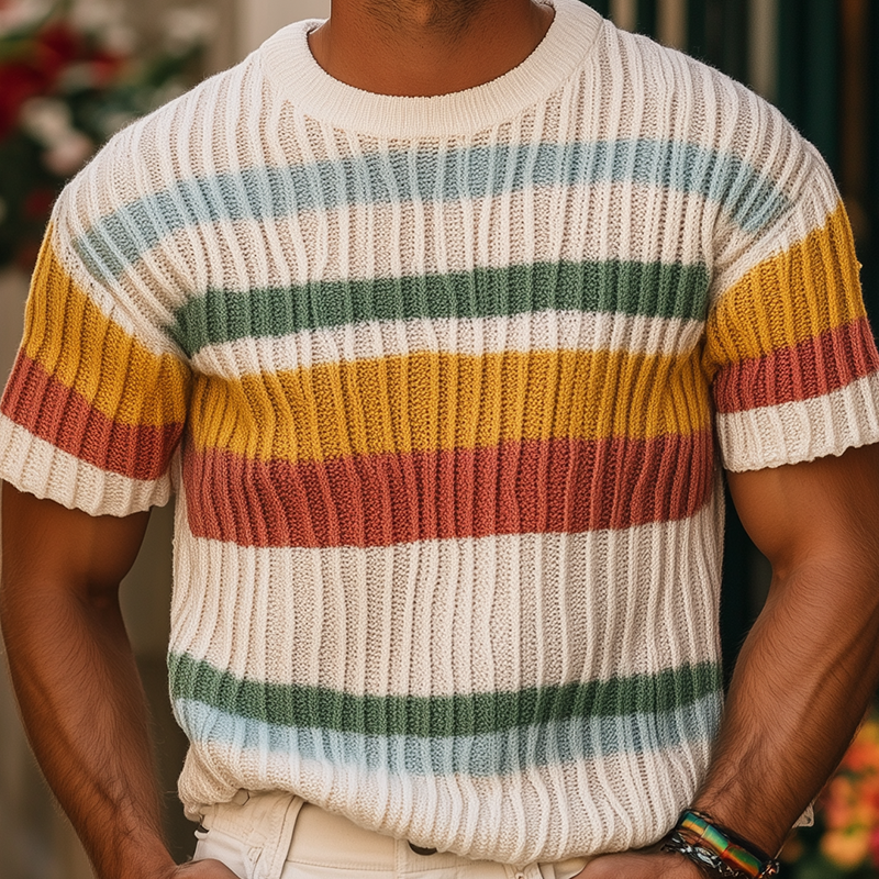 Men's Spring And Summer Fashion Casual Round Neck Colorful Horizontal Stripes Knitted Texture Short-sleeved T-shirt MTA2049F3K