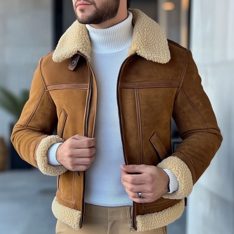 Men's Retro Faux Suede Patchwork Fleece Collar Zipper Jacket MTA0717K4X