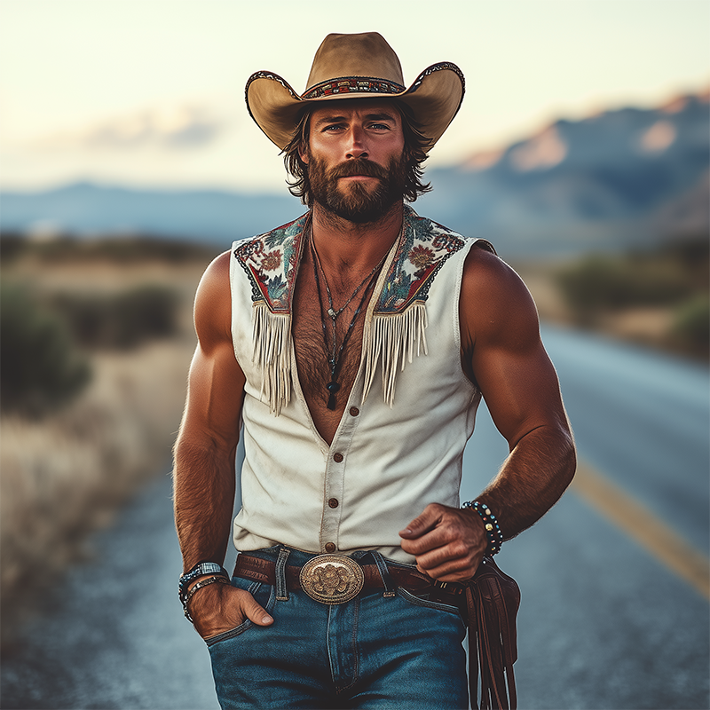 Men's Spring And Summer Fashion Retro Western Cowboy Style Thin Suede Metal Button Embroidery Tassel V-neck Sleeveless Shirt MTA1521E8K