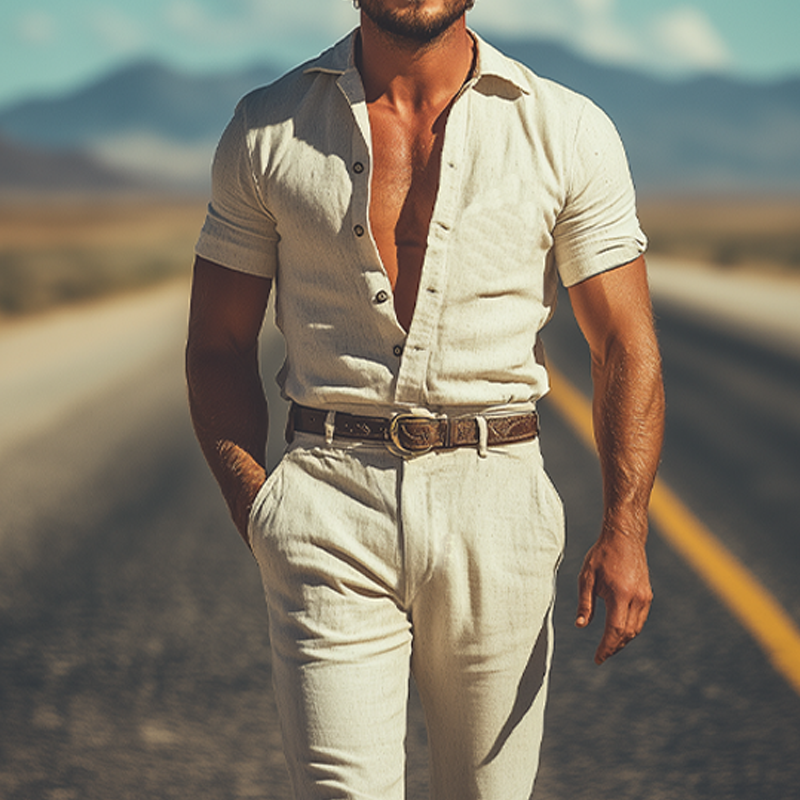 Men's Summer Fashion Retro Western Style Cotton and Linen Jumpsuit (Without Belt) MTA2974D3K
