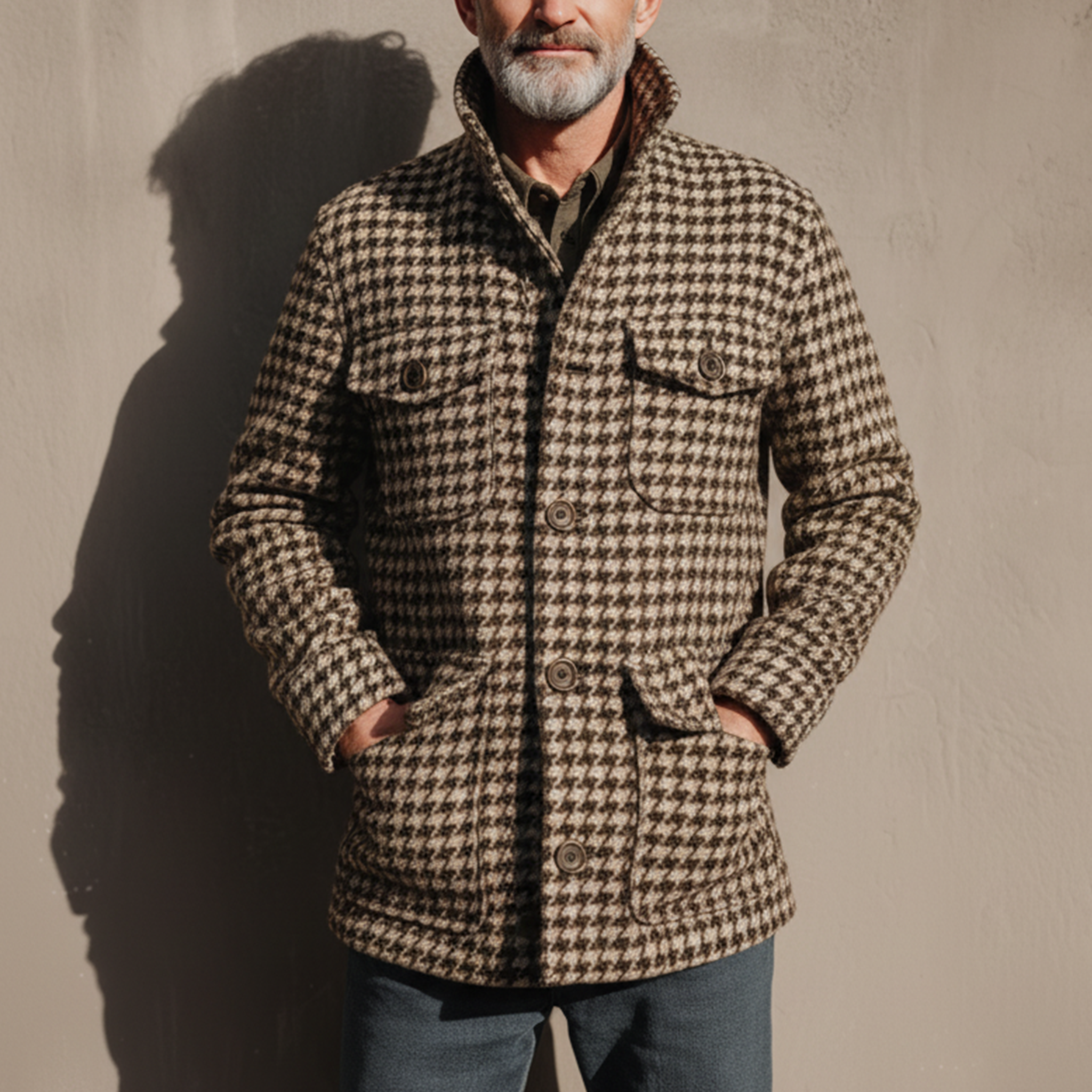 Men's Classic Retro Stand Collar Multi-pocket Faux Houndstooth Woolen Jacket MTA2964I6K