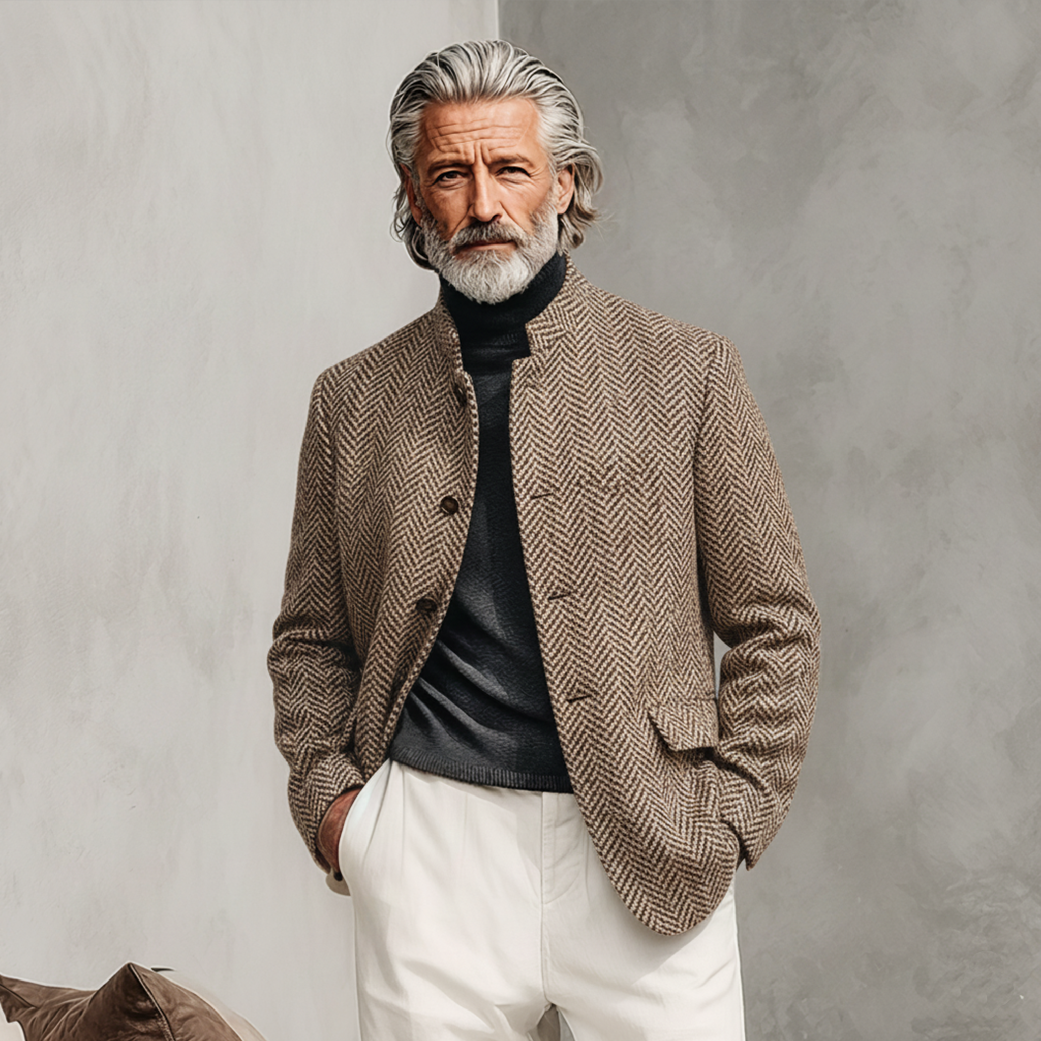 Men's Classic Casual Stand-up Collar Faux Herringbone Wool Jacket MTA0577K7K