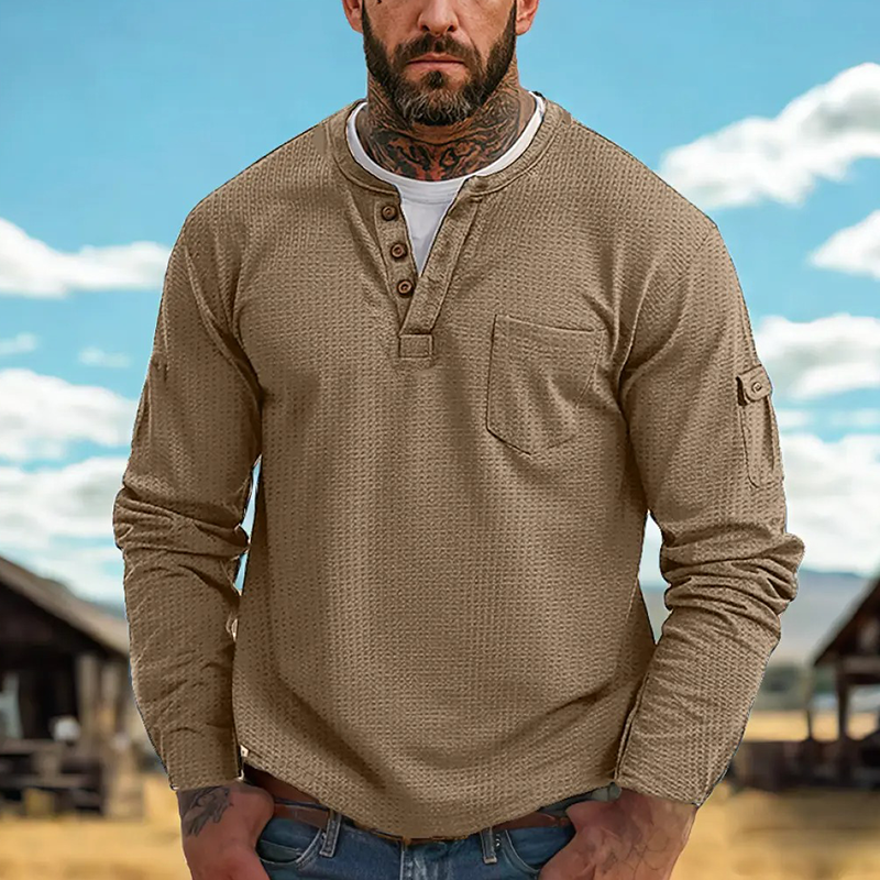 Men's Contrast Waffle Button Crew Neck Long Sleeve T-shirt MTA0965J1X