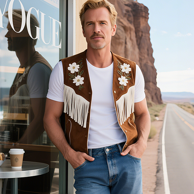 Men's Spring And Summer American Retro Western Style Thin Suede Embroidered Tassel Vest MTA1782F4K