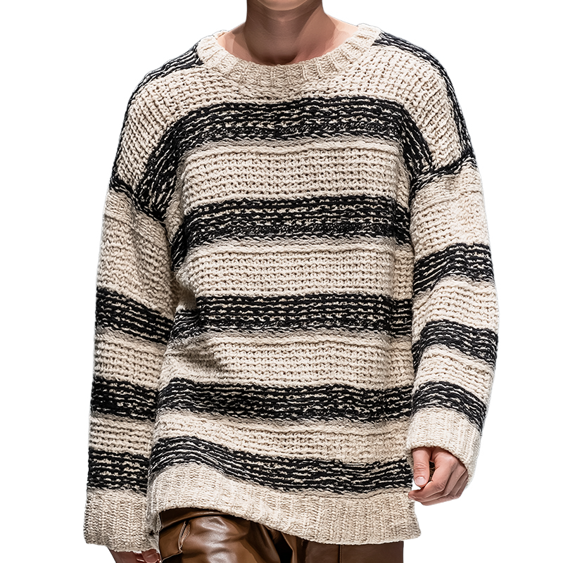 Men's Retro Casual Striped Knit Oversized Crew Neck Sweater MTA2850H9TO