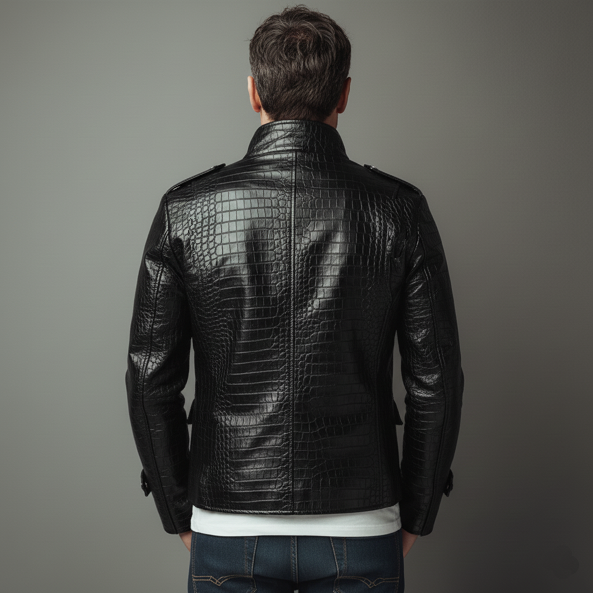 Men's Classic Casual Stand Collar Crocodile Leather Texture Pu Leather Jacket MTA1571J1K