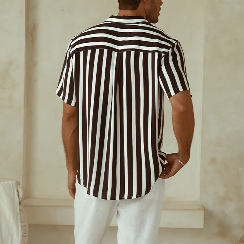 Men's Classic Casual Contrast Color Vertical Striped Cotton Blend Short Sleeve Shirt MTA1440G0K