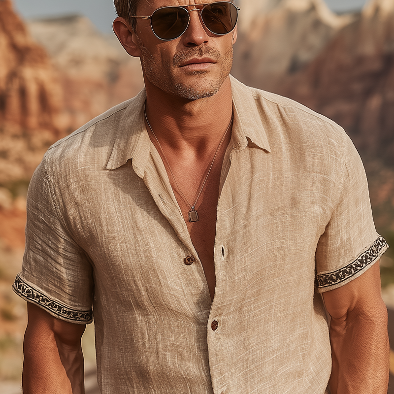 Men's Classic Casual Cotton And Linen Cuffs Decorative Ribbon Short-sleeved Shirt MTA1459G7K